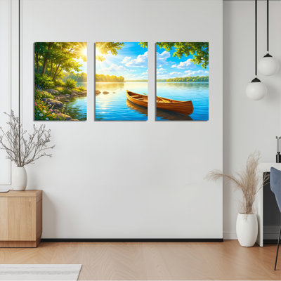 Ensemble de 3 toiles murales représentant un coucher de soleil sur un lac avec canot et arbres, pour la décoration du salon, de la chambre ou de la maison.