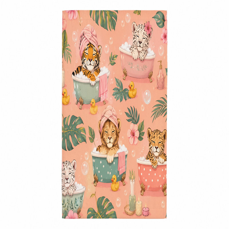 1Pcs Mignon lion lion léopard prenant un bain Animaux drôles Feuilles tropicales Serviette de plage Couverture en microfibre à séchage rapide pour la natation Voyage Camping