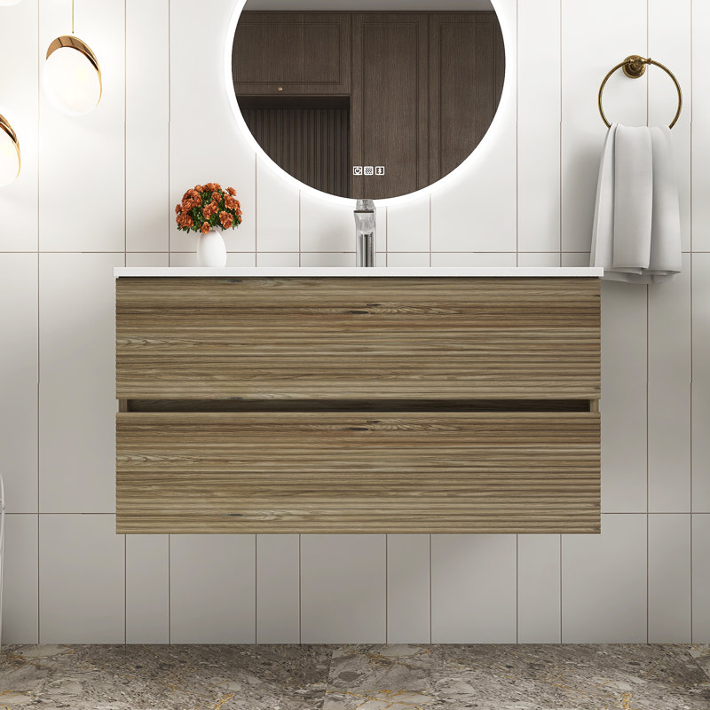Meuble-lavabo mural 36 po avec comptoir en chêne brut