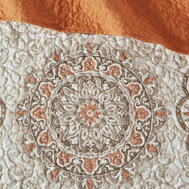 Courtepointe orange très grand / très grand - imprimé floral moderne avec médaillons, tissu doux, 1 taie décorative et 2 coussins décoratifs, 6 coussins réversibles brodés, lavable à la machine