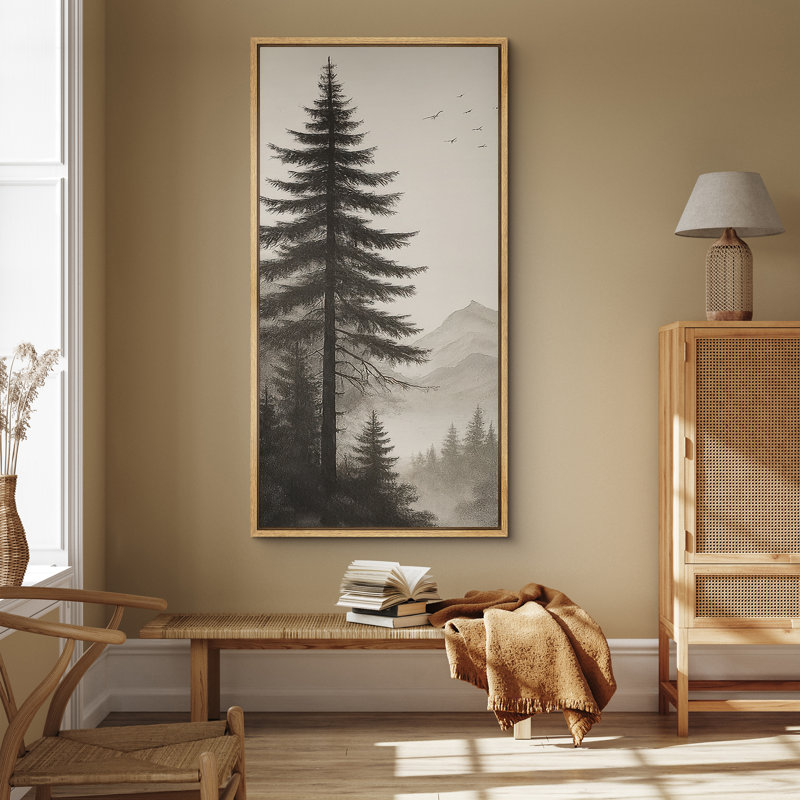 Monochromes de forêt à feuilles persistantes avec oiseaux - grande reproduction d'art sur toile encadrée, Naturel