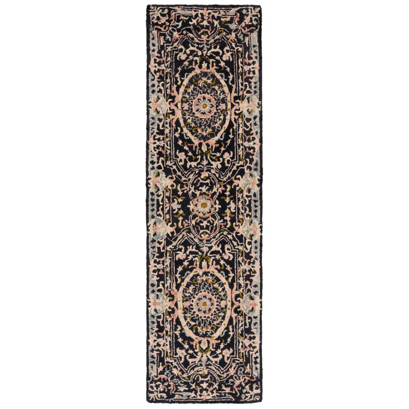 Fredella Tufted Wool/Cotton Performance Oriental Rug in Black/Ivory, Runner 2'3" x 8'