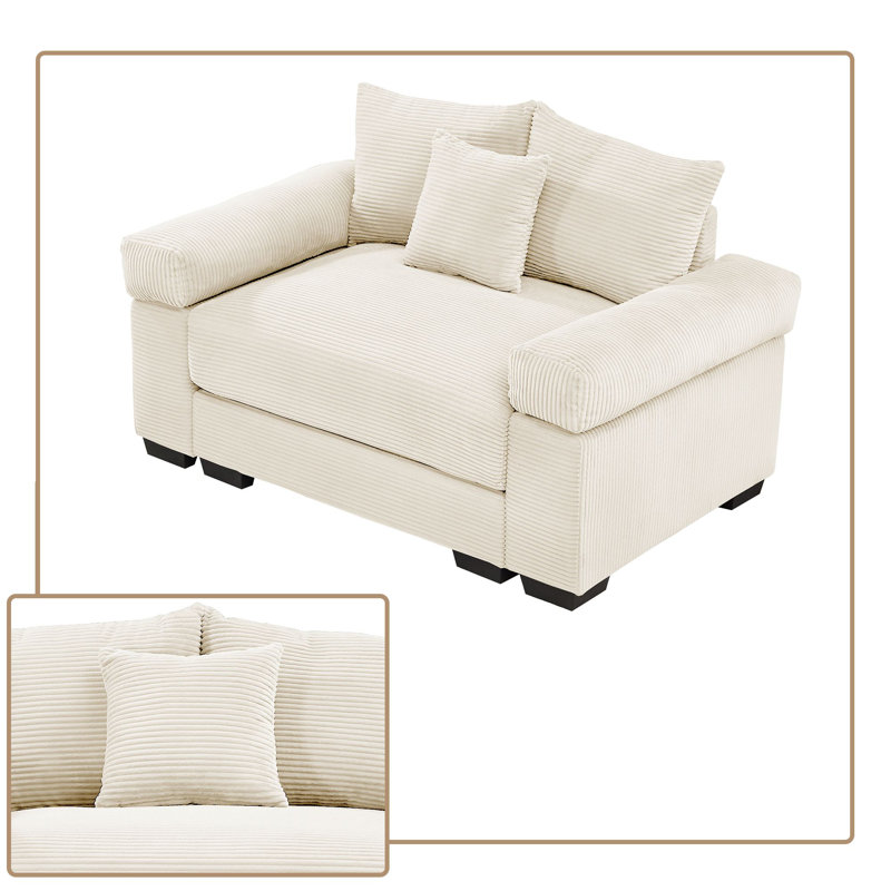 Oversized Corduroy Armchair with 3 Throw Pillows, Soft Armrests and High-Rebound Cushion, Beige