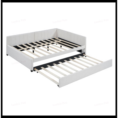 Full Size Linen Upholstered Daybed with Trundle, No Box Spring Required, Space-Saving and Durable