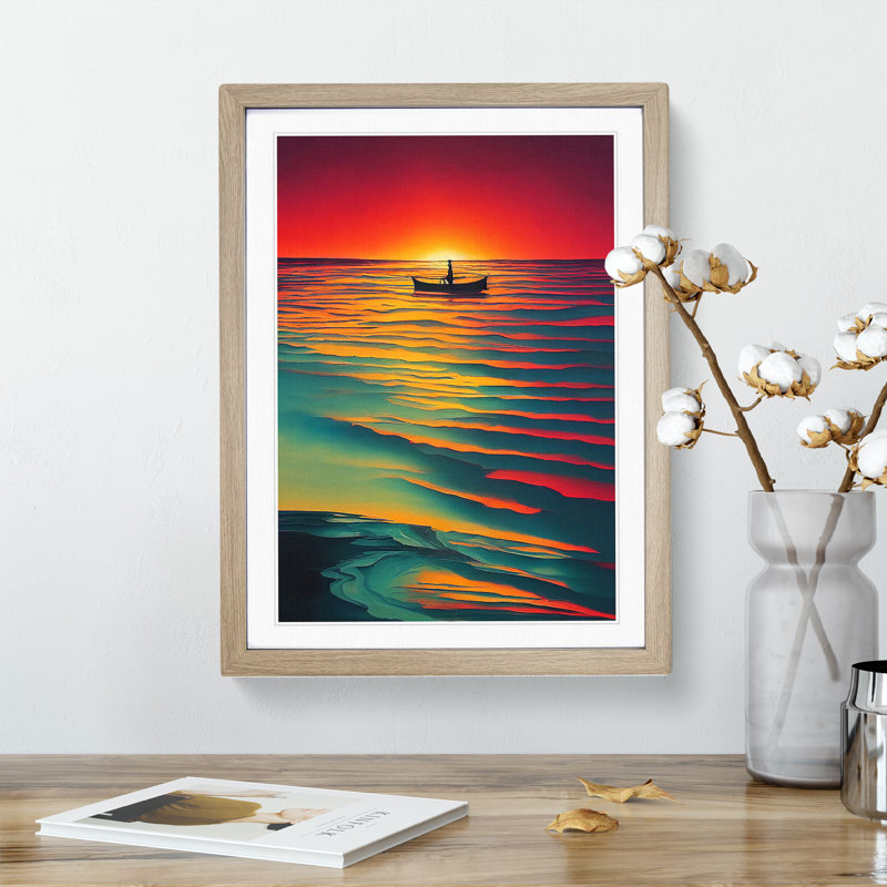 Boat And The Ocean Sunset - Print, Oak Framed, 66cm H x 48cm W x 2cm D, White