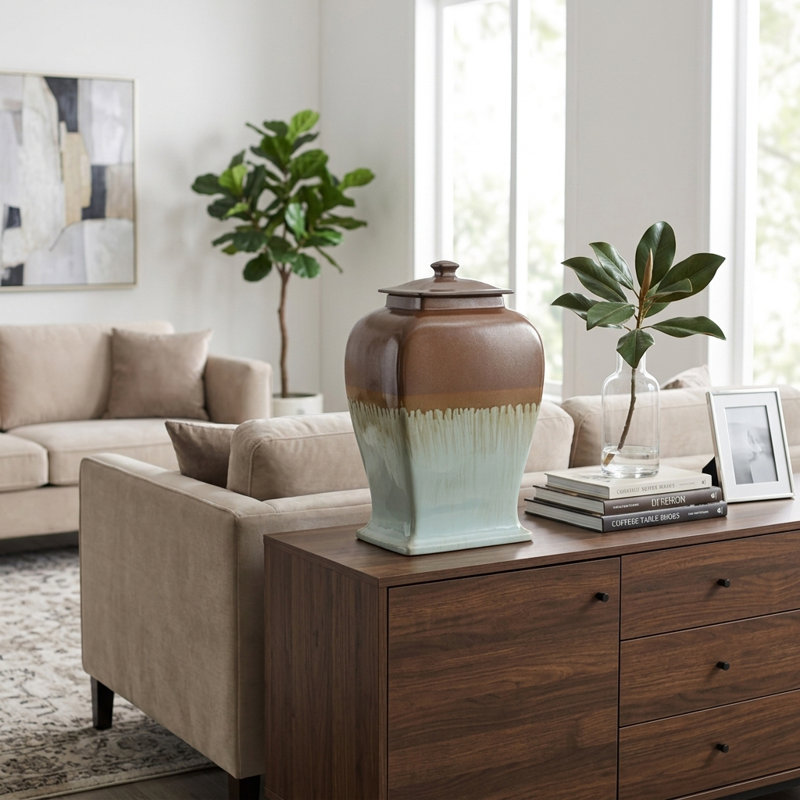 Grand pot contemporain en céramique avec couvercle pour le salon ou les étagères, H 20 po x l 8 po x P 12 po, Ivoire ivoire