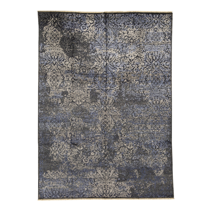 Tapis bleu marine et gris noué à la main de haute qualité