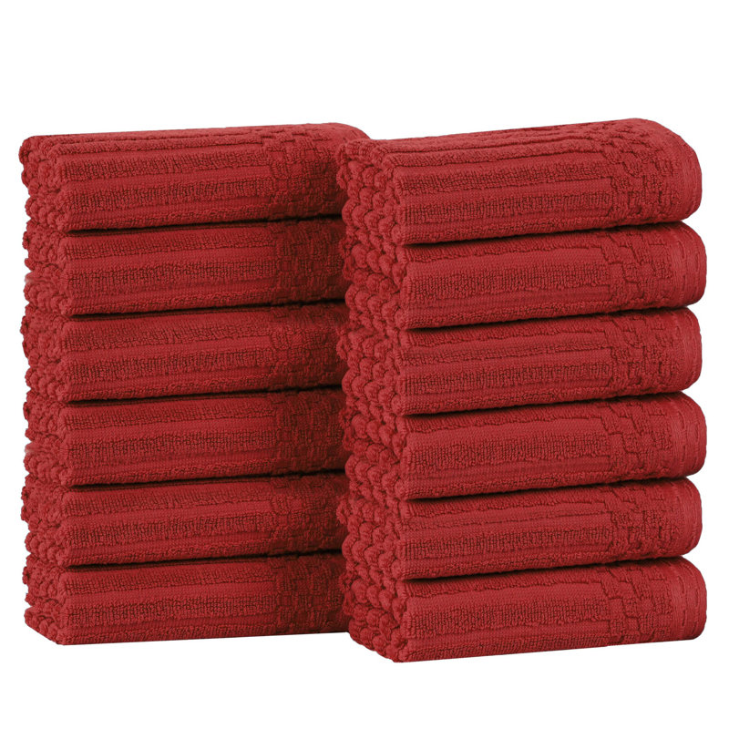 Juras Soho Cotton Ribbed Checkered Border Medium Weight Washcloths Face Towels, Burgundy