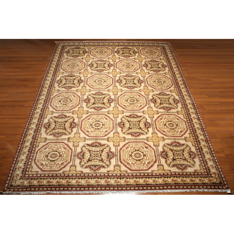 Tapis beige en laine noué à la main de conception unique 12 pi x 18 pi Barcelli