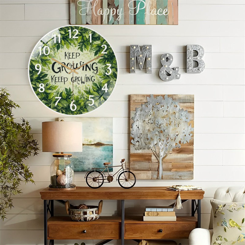 Horloge murale verte à motif de feuilles «Keep Growing Home Decor Art» 12 po