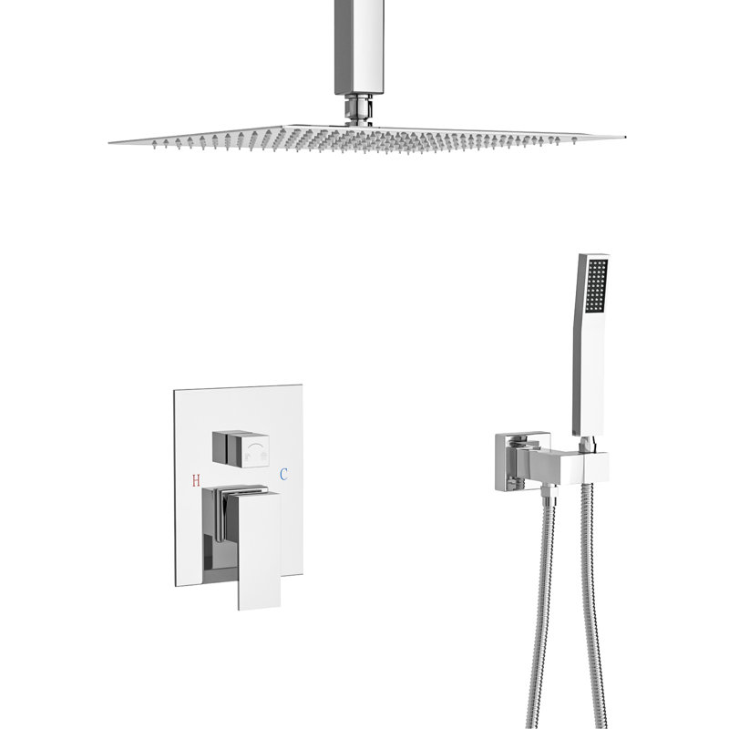 Shower Head Assembly - 16 Inch Ceiling Mount Square Dual With -Balanced Valve, Rainfall And Handheld, Easy Installation Aging Resistance Mounted Plating Grease Elimination