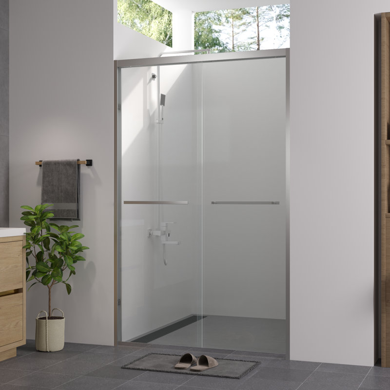 44 - 48 "x 76" Porte de salle de bain coulissante avec quincaillerie, verre trempé transparent de 1/4 "de 6 mm, cadre en aluminium, coffre-fort et souci, paquet