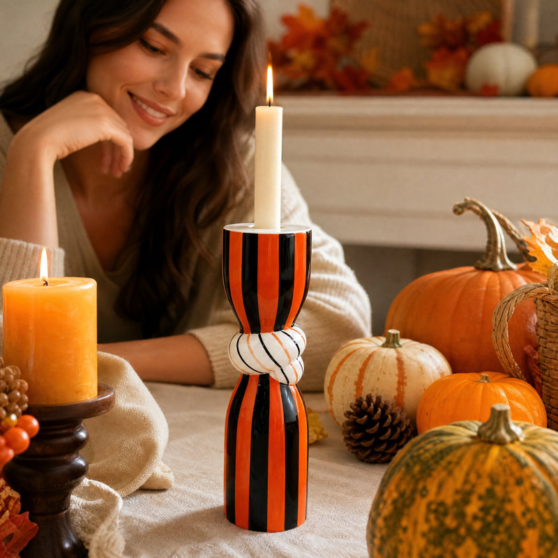 Bougeoirs en céramique à rayures orange et noires, motifs torsadés et noués, pour l'Action de grâce et Halloween. Socle pour bougie conique.