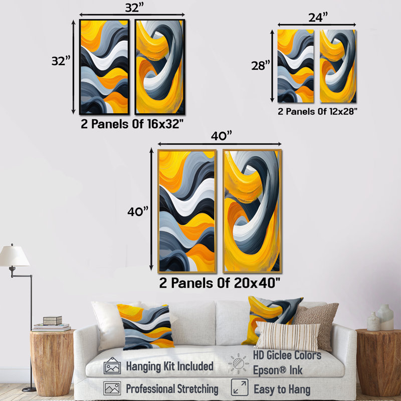 Lignes bleues et jaunes océaniques à vapeur III - Collection abstraite d'art mural, 2 pièces, Toile tendue, H 28 po x l 25 po