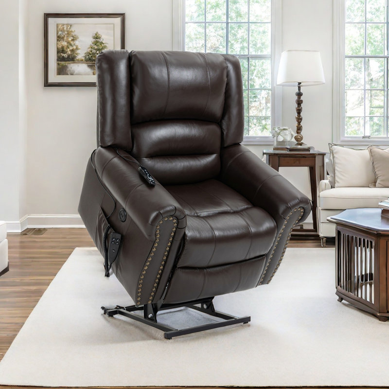 Aura 40" W Dual Motor Power Lift Recliner Infinite Position With Heat And Massage, Brown Genuine Leather