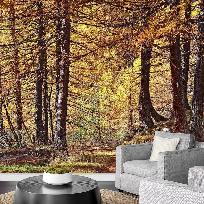 Murale forêt d'automne à feuilles d'arbres jaunes, L 96 po x l 66 po