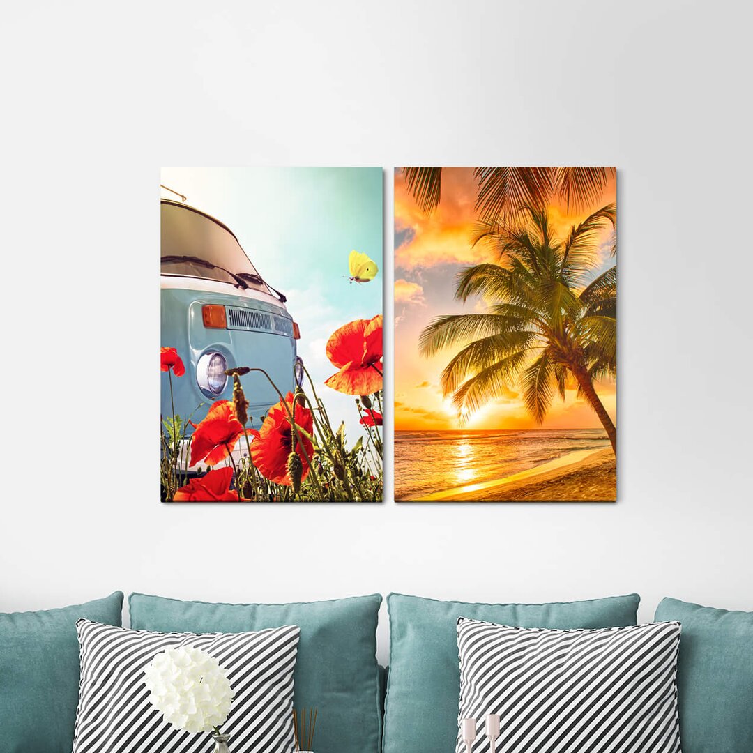 2-tlg. Leinwandbilder-Set - Fotografie „Bus Butterfly Palms Hippies Flowers Beach South”