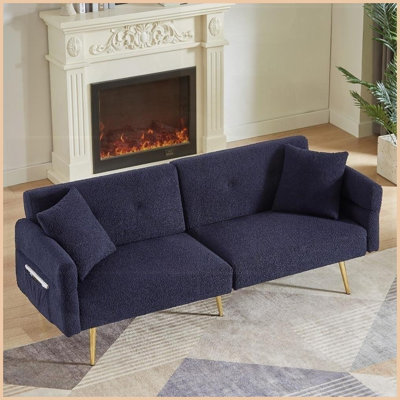 Modern Teddy Upholstered Loveseat Sleeper Sofa with Adjustable Backrest &amp; Golden Legs – Dark Blue for Living Room