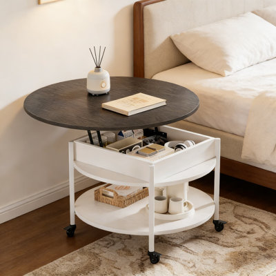 Table basse ronde à plateau relevable avec roues verrouillables et rangement, table centrale roulante à 2 niveaux pour le salon, finition blanche