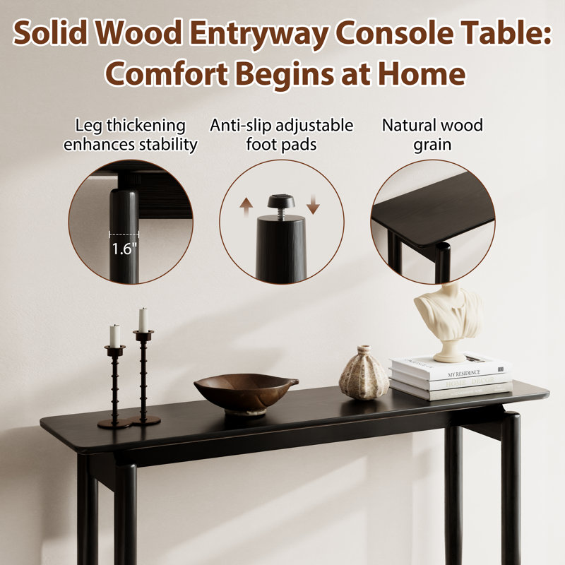 Minimalist Solid Wood Console Table, Modern Entryway Table for Hallway & Living Room, Black, 29.92"H X 47.25"W X 11.81"D