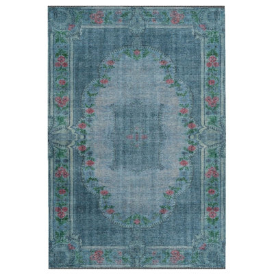 Cece Floral Blue Machine Woven Cotton Polyester Area Rug