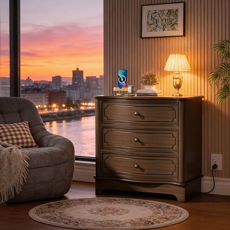 3 Drawers Dresser for Bedroom with Charging Station, 28" Wide Small Chests of Drawers, Farmhouse Wood Nightstand Bedside Cabinet End Table for Bedroom, Living Room, Closet, Hallway, Walnut