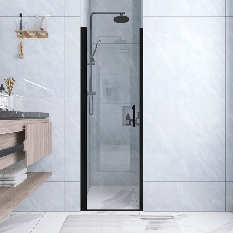 24 .In W X 72 .In H  Half  Frame,Pivot Shower Door  With 1/4 Inch Thick Clear Tempered Glass  In Matte Black  |Aluminum Frame | Stainless Steel Handle