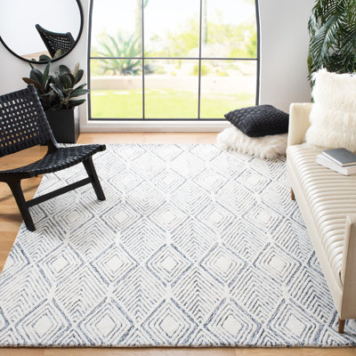 Tapis géométrique abstrait en laine / coton touffeté à la main gris / ivoire