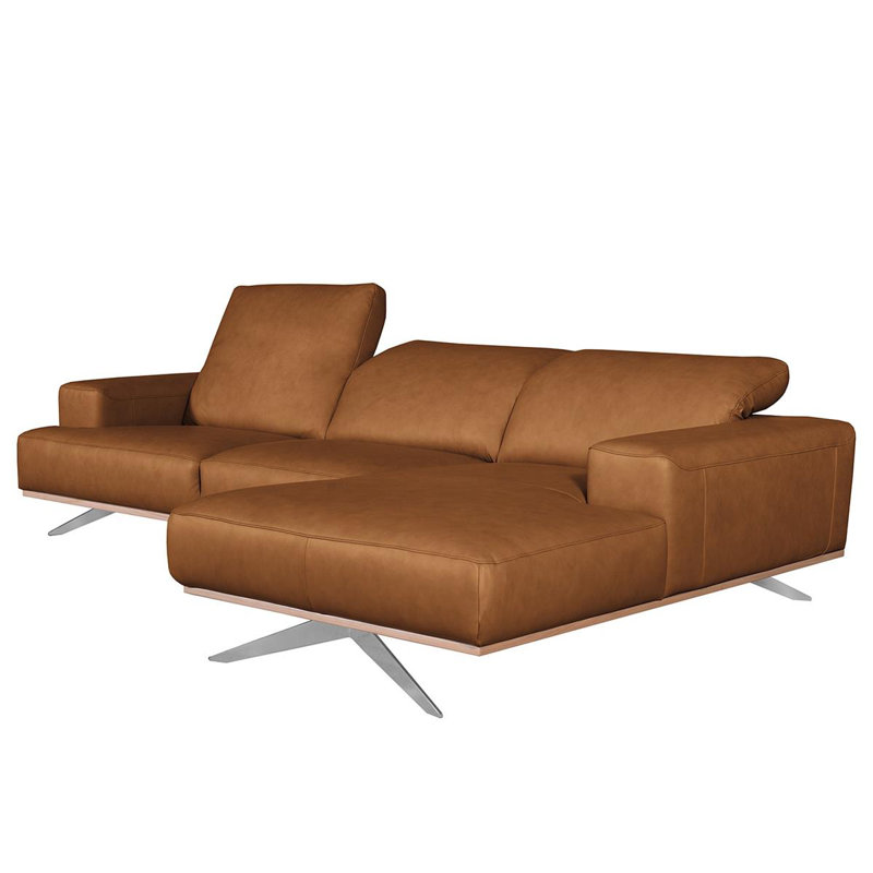 Edeltraut Genuine Leather Corner Sofa with Wooden Frame, Cognac, Right Hand Facing