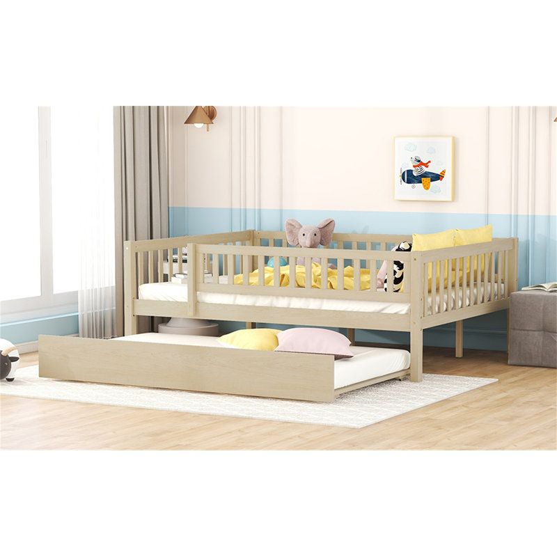 Wood Daybed With Trundle And Fence Guardrails, Natural, Full