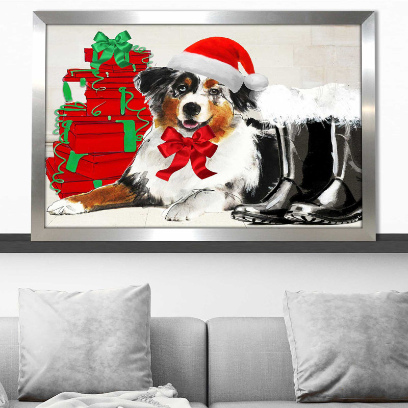 «Christmas Holiday Border Collie» par By Jodi - impression, H 21,5 po x l 27,5 po x P 0,75 po, Encadrement argenté