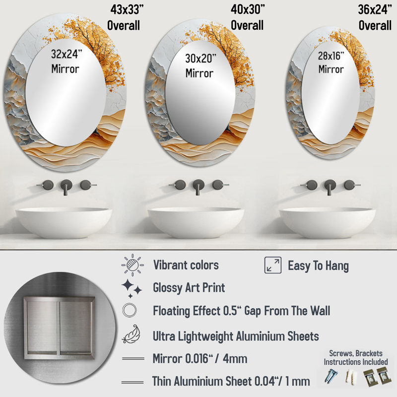 Wjhite And Gold Minimalist Basswood II - Large Oval Wall Mirror On Metal, 36" x 24"