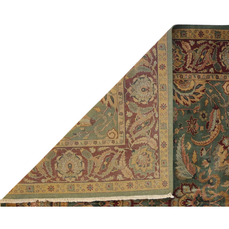 Oriental Hand-Knotted Wool Green/Burgundy/Orange Area Rug, Rectangle 9'2" x 11'10"