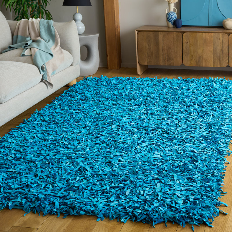 Tapis bleu clair en cuir noué à la main Godsey, Rectangle 5 pi x 8 pi