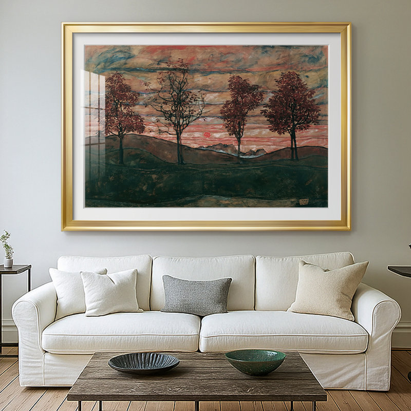 Quatre arbres (Vier Bäume) - Egon Schiele - reproduction encadrée avec passe-partout et verre - 1917, 30x.5x42.5, Doré