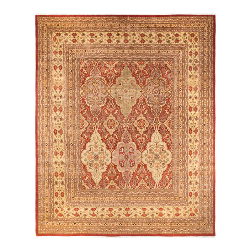 Tapis orange / gris / ivoire noué à la main de conception unique 12 pi 3 po x 14 pi 4 po Hayner