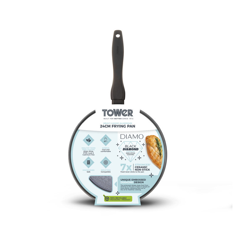 Tower Diamo 24cm - 30cm Frying Pan with Black Diamond Ceramic Non-Stick Coating & Softtex Handle, Aluminium, Black, 24 cm