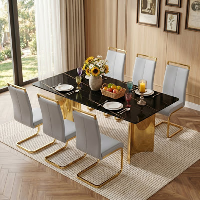 Modern 7-Piece Rectangular Faux Marble Tempered Glass Dining Set with Faux Leather C-Shaped Chairs