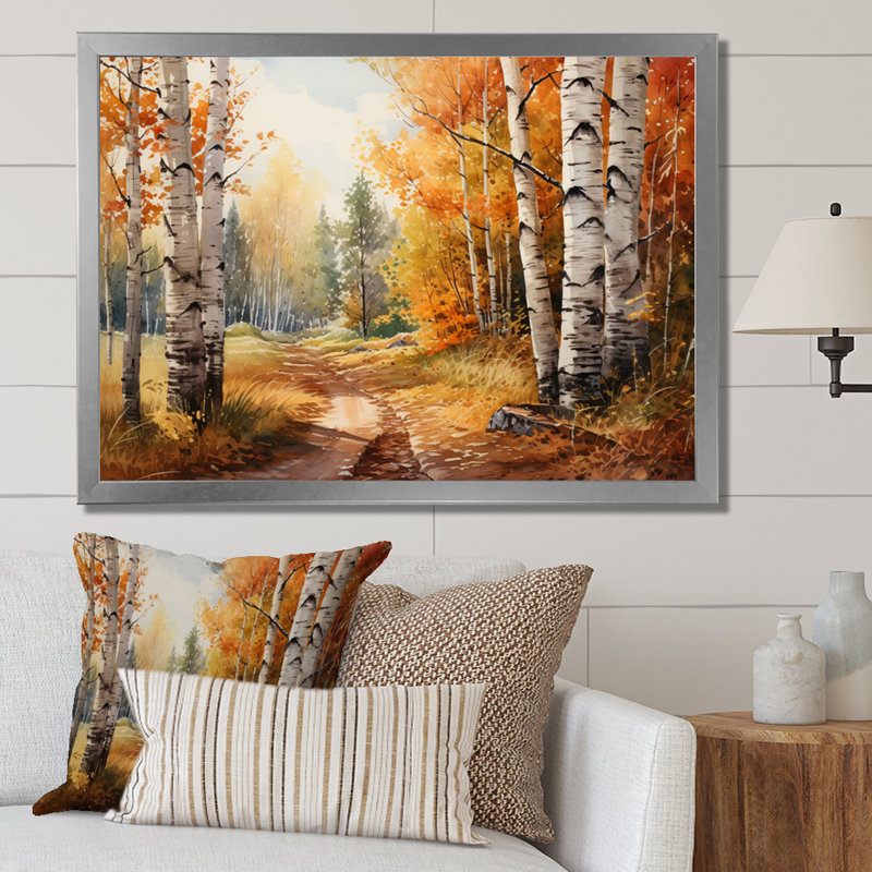 Birch Woods Gilded Pathway III sur toile, H 24 po x l 32 po x P 1 po, Cadre photo argenté