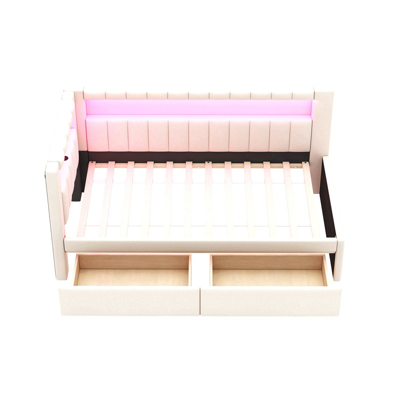 Lit plateforme tapissier simple avec ports USB et ceinture à DEL, avec 2 tiroirs, blanc