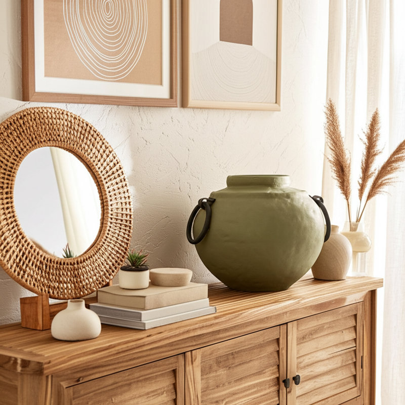 Pottery And Ecomix Vase With Handles Boho Style Decorative Modern Accent Vessel For Versatile Display, Green