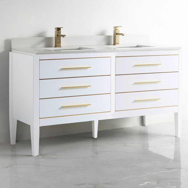 Ayer 60" White and Brass Double Bathroom Vanity Set