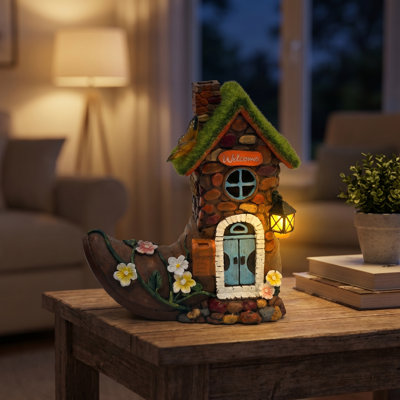 Solar Boot Fairy House Statue with LED Lantern, Indoor Outdoor Resin Garden Decor