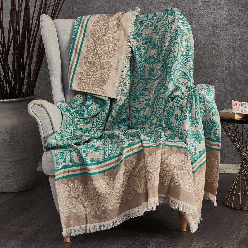 Valetta Jacquard Throw Blanket, Teal/Beige