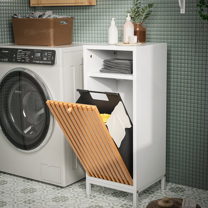 Bathroom Side Cabinet With Bamboo Front & Hamper - Natural/White