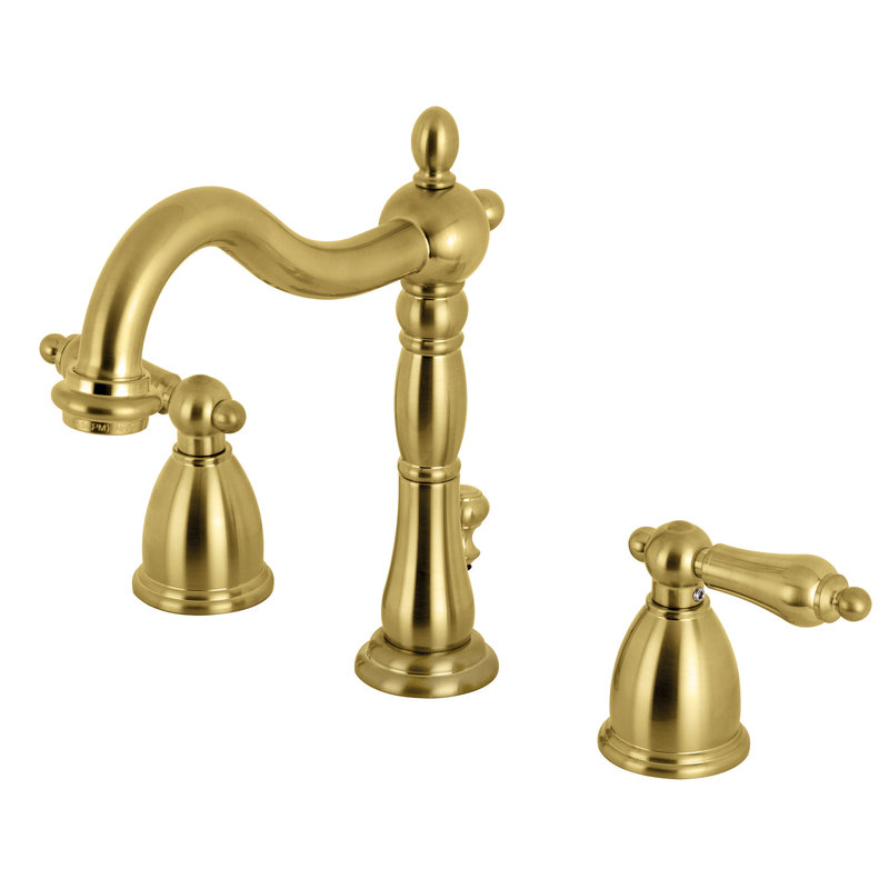 Kingston Brass Heritage Two-Handle 3-Hole Deck Mount Widespread Bathroom Faucet with Brass Pop-Up Drain, Satin Brass