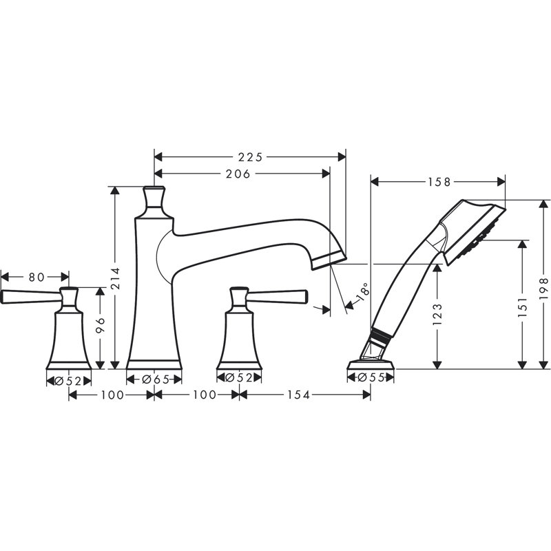 Joleena Double Handle Deck Mounted Roman Tub Faucet Trim with Diverter and Handshower, Polished Nickel