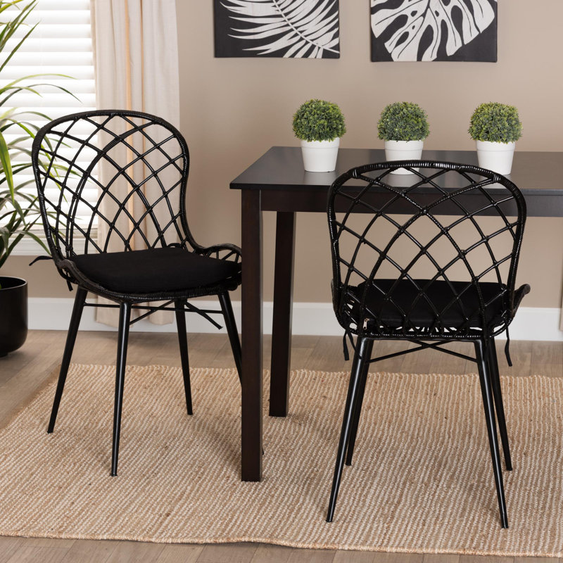 Kinnard Fabric Slat Back Rattan and Teak Wood Side Dining Chair, Black, Espresso Brown