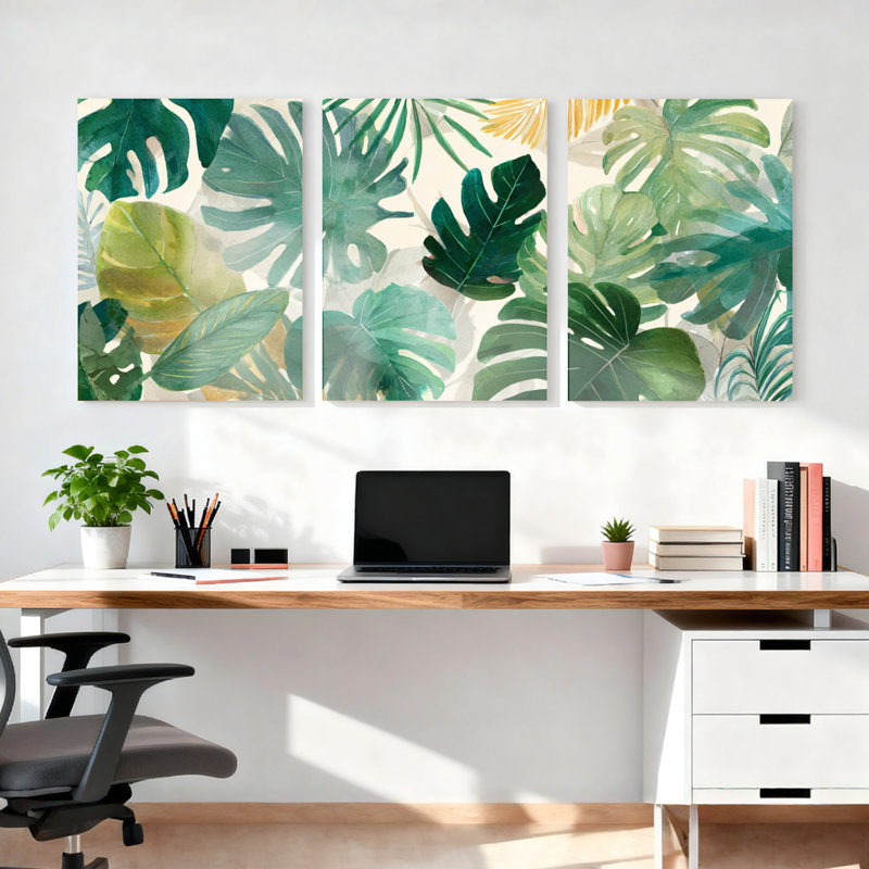 Ensemble de 3 tableaux muraux sur toile à motif de feuilles tropicales, style aquarelle, H 18 po x l 36 po