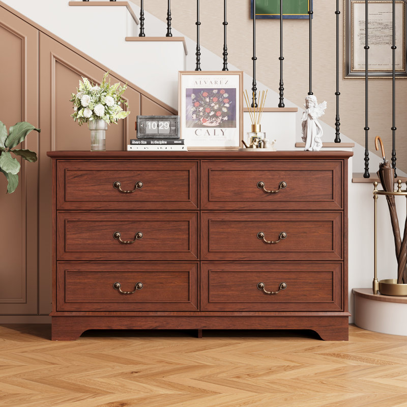 6 Drawer Dresser for Bedroom - 47" Wide Double Chest of Drawers, Vintage Drawers Organizer for Living Room, Hallway, Entryway,  Walnut